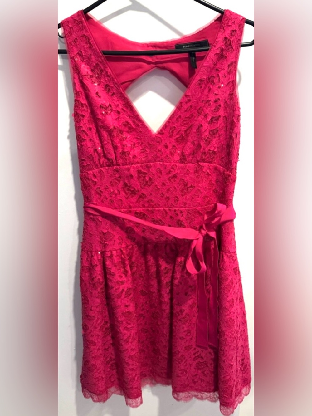 BCBG Katrina mini dress sequins lace pink fuschia cut out prom party flare 10